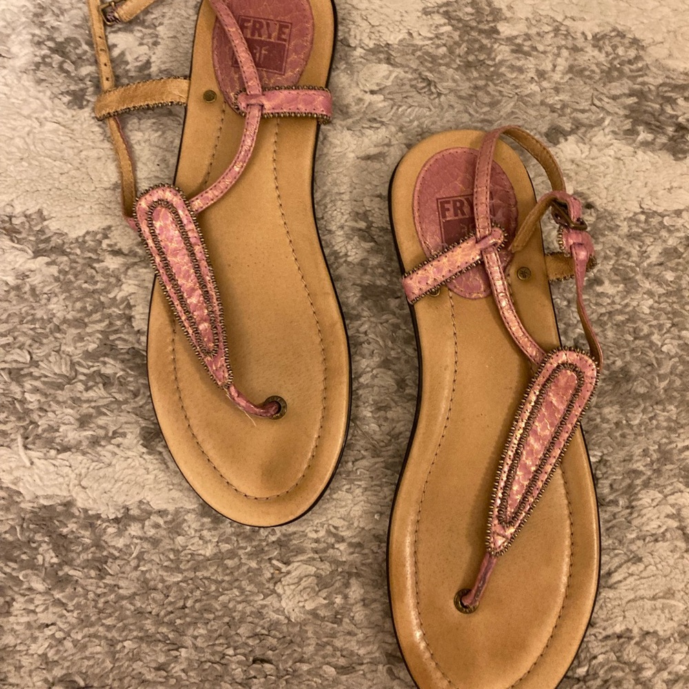 Frye Pink and Tan Sandals with Bohemian Design